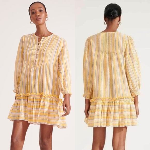 Veronica Beard Tibbett Bib Tiered Mini Dress Cover Up Yellow Pink Gold Stripe XS - Picture 1 of 10